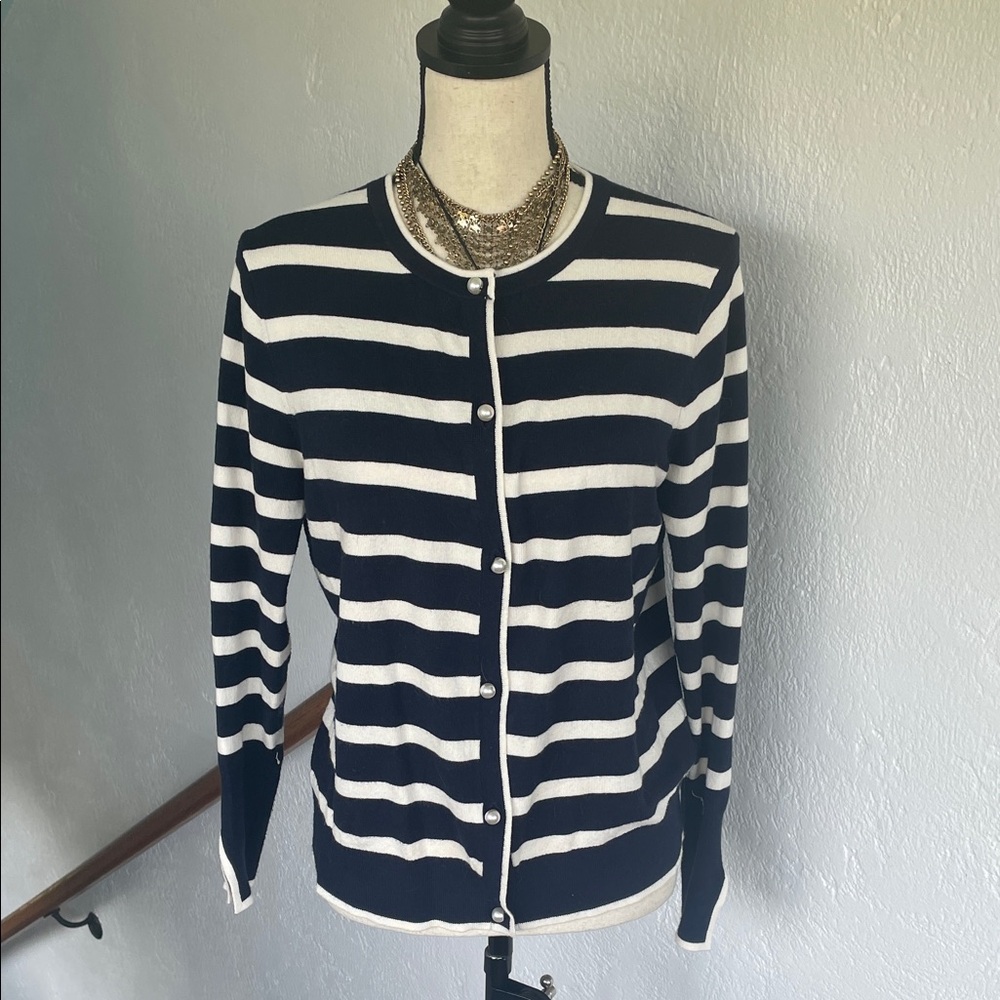 Philosophy Navy and‎ White Striped Cardigan with Pearl Buttons Large